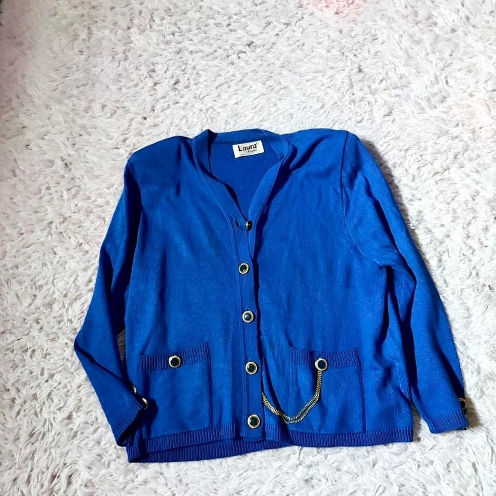 Vintage 80s Vibrant Royal Blue Nautical Gold Chain Cardigan Sweater Womens XL